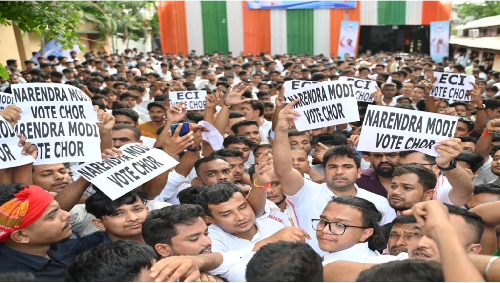 Congress leaders protesting voter list irregularities in 2024 Lok Sabha elections near Election Commission office