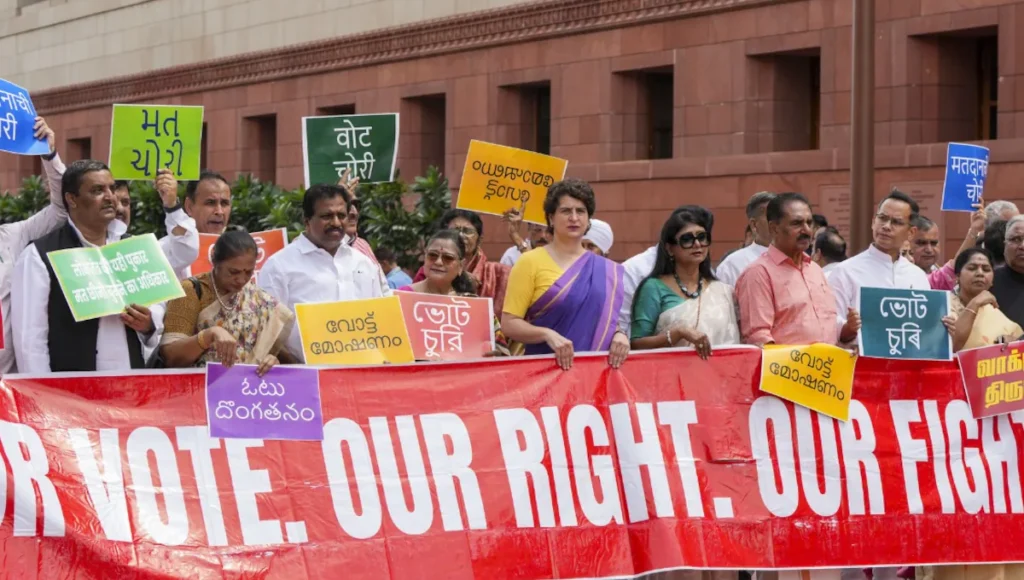 Congress leaders protesting voter list irregularities in 2024 Lok Sabha elections near Election Commission office